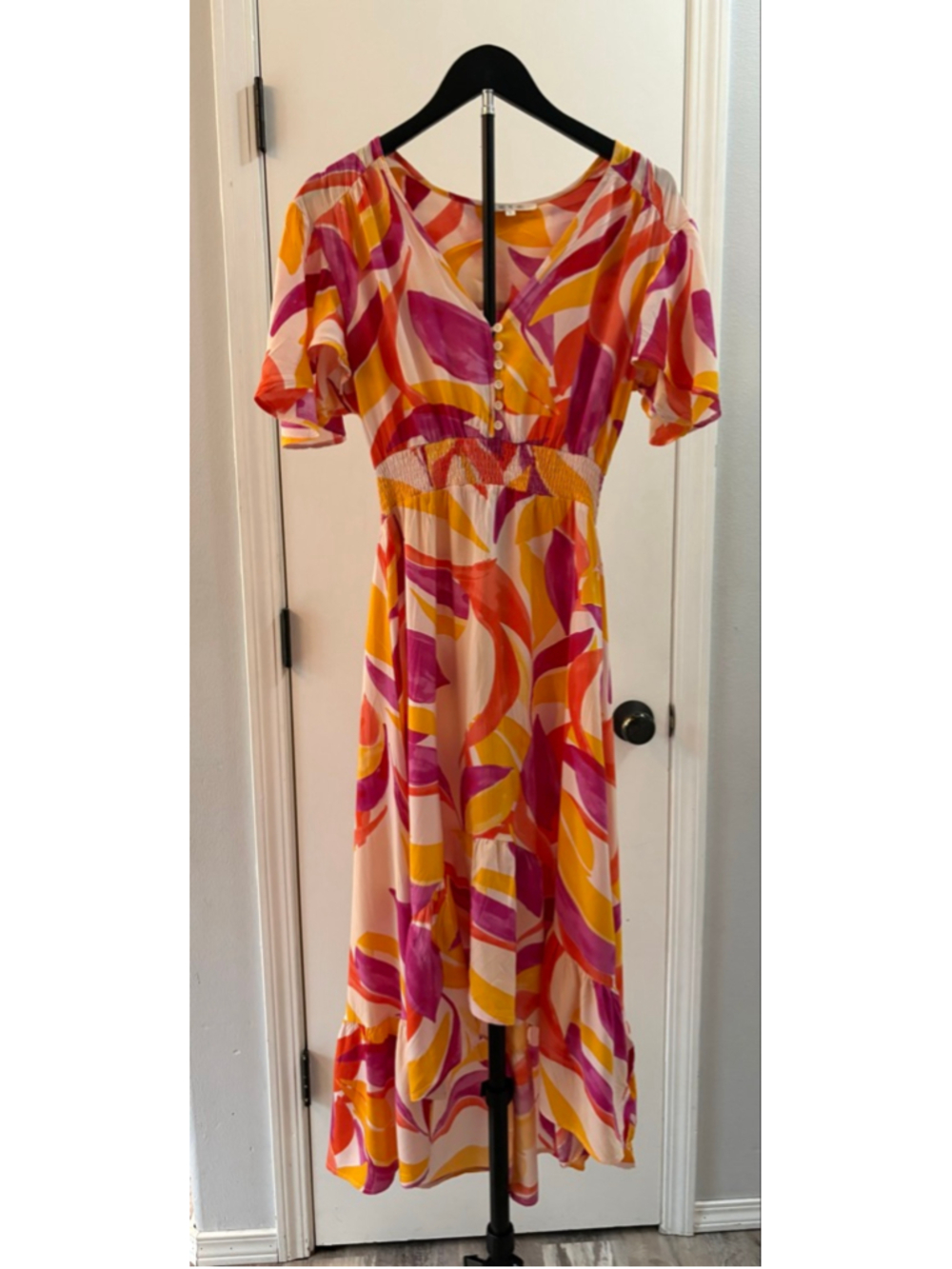 Abel The Label Swish Dress S Anthropologie High Low Pink Orange Smocked